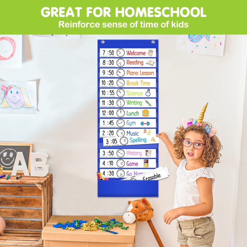 Eamay Daily Schedule Pocket Charts, Teacher Schedule Chart with Resuable 18 Custom Cards, Classroom Pocket Chart for School Office or Homeschool Activities, Blue - Image 2